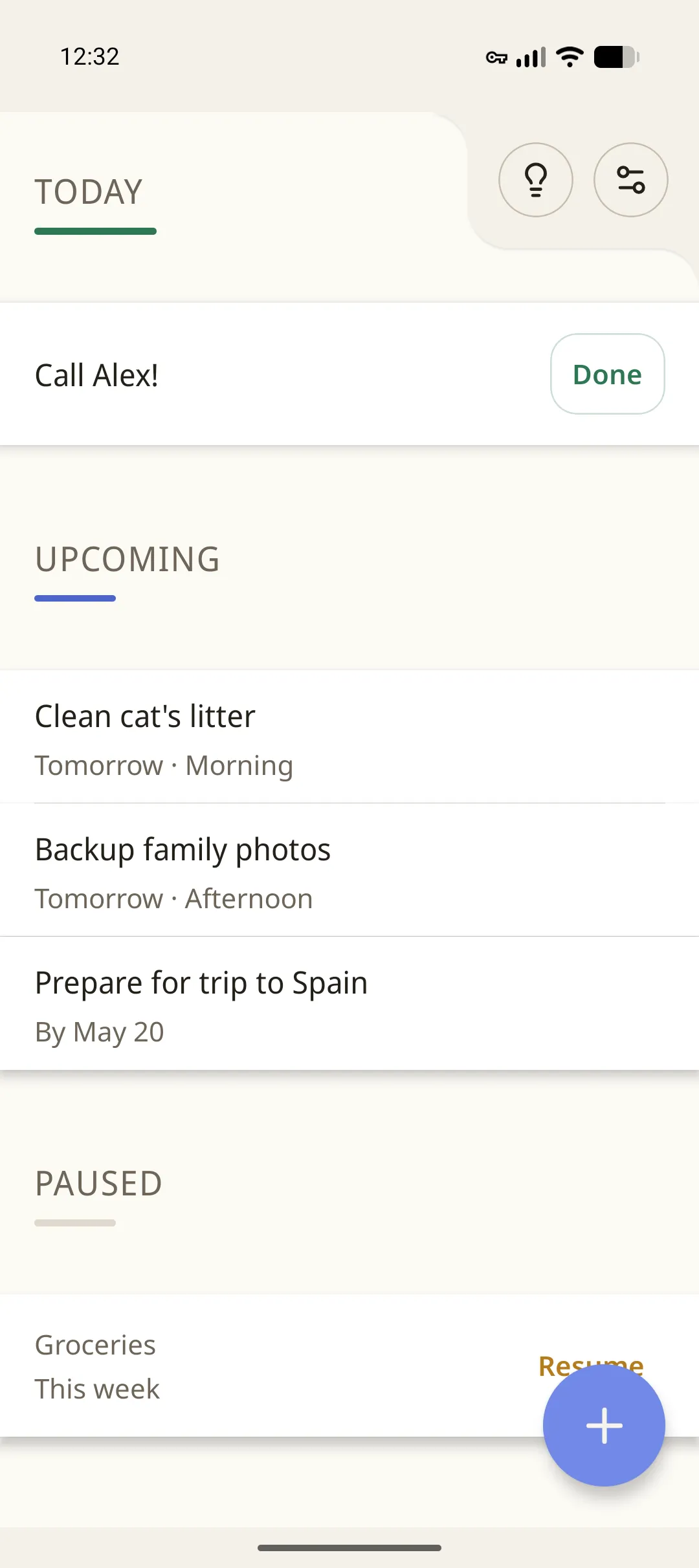 Petera Home screen with Today, Upcoming, and Paused sections.