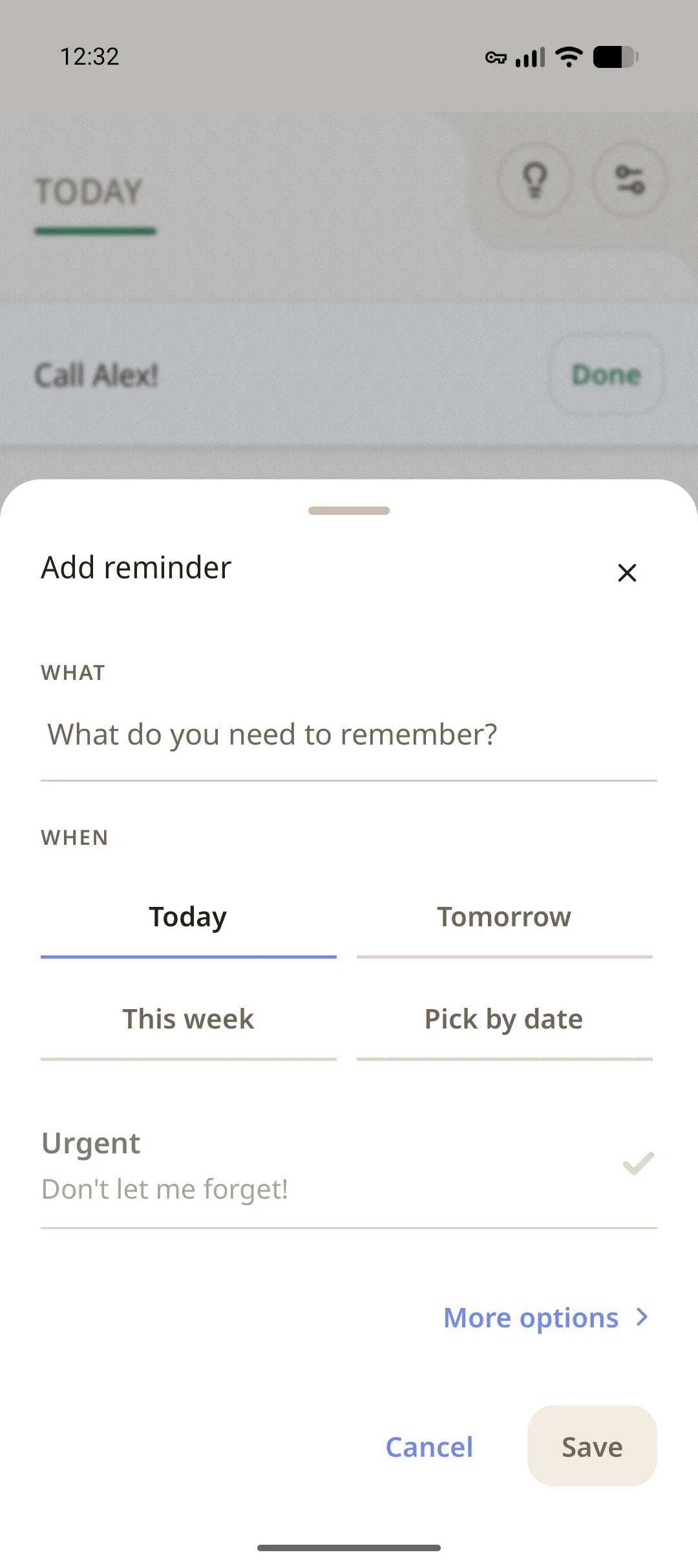 Petera quick add sheet with common timing options and 'Don't let me forget` options.