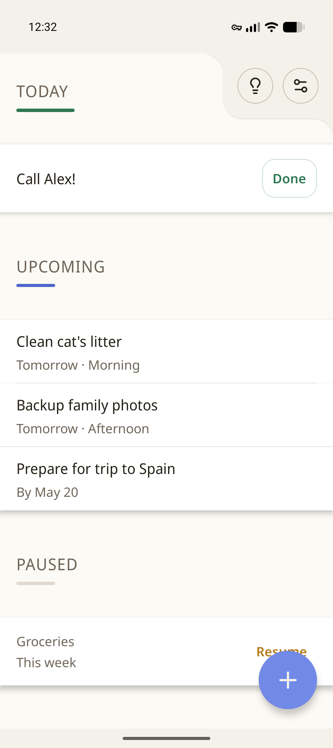 Petera Home screen with Today, Upcoming, and Paused sections.
