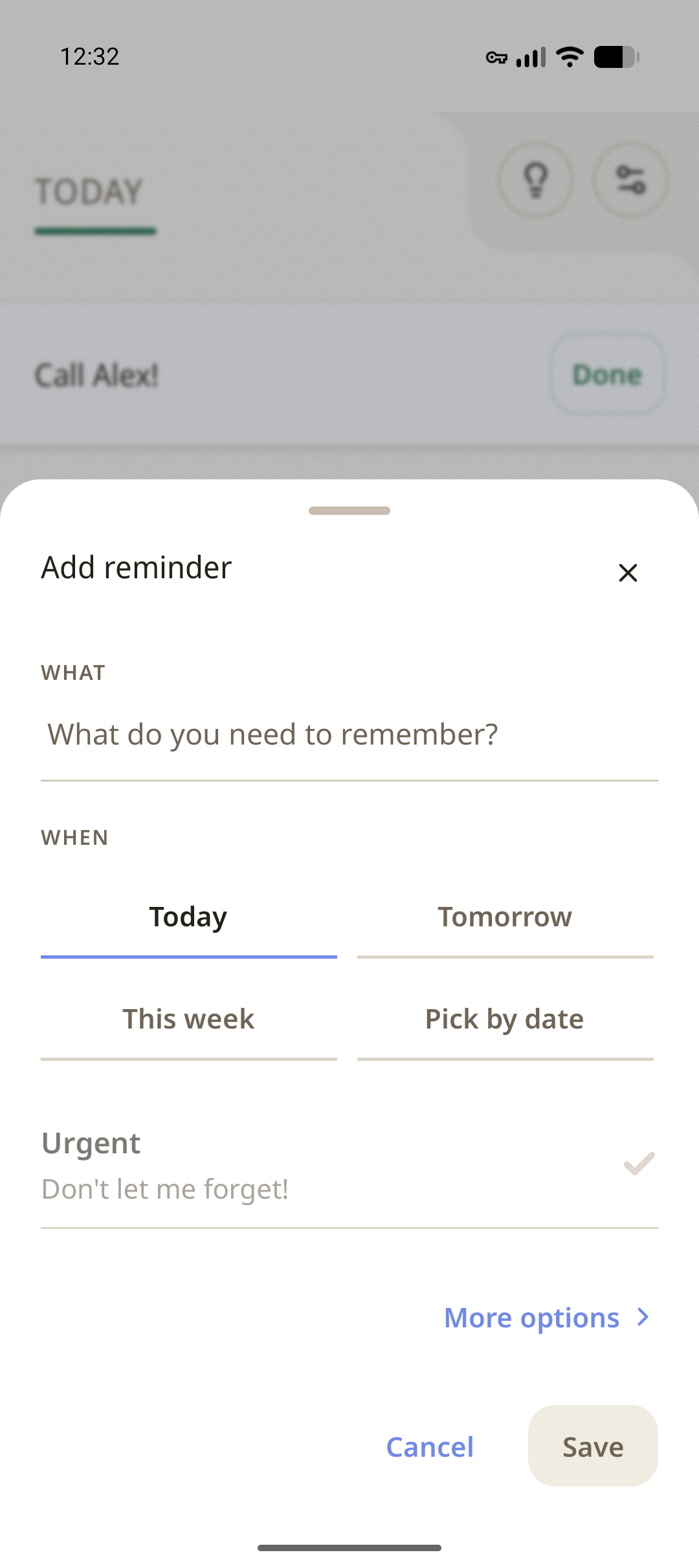 Petera quick add sheet with common timing options and 'Don't let me forget` options.